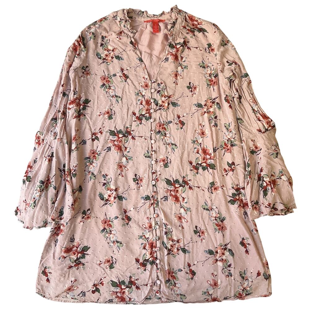 Chelsea & Violet Women Blouse M Pink Floral Bohemian Button Ruffle V-Neck Rayon